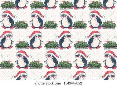 Seamless pattern with cute penguins. Hand-drawn illustration. Vector.