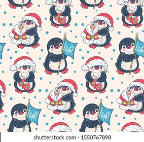 Seamless pattern with cute penguins. Hand-drawn illustration. Vector.