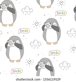 Seamless pattern with cute penguins. Hand-drawn illustration. Vector.