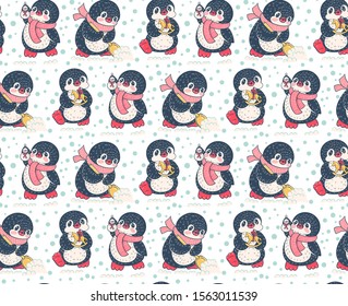 Seamless pattern with cute penguins. Hand-drawn illustration. Vector.