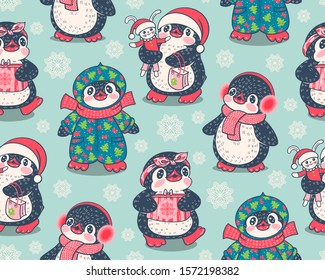 Seamless pattern with cute penguins. Hand-drawn illustration. Vector.