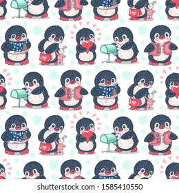 Seamless pattern with cute penguins. Hand-drawn illustration. Vector.