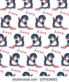Seamless pattern with cute penguins. Hand-drawn illustration. Vector.