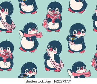 Seamless pattern with cute penguins. Hand-drawn illustration. Vector.