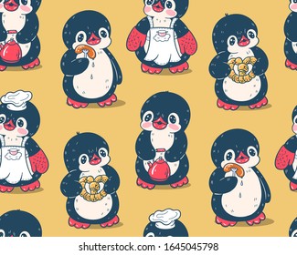 Seamless pattern with cute penguins. Hand-drawn drawing.  Vector.