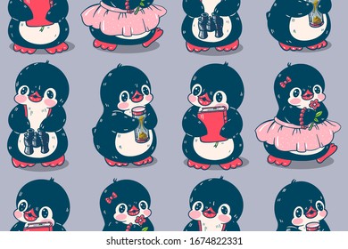 Seamless pattern with cute penguins. Hand-drawn illustration. Vector.