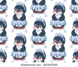 Seamless pattern with cute penguins. Hand-drawn illustration. Vector.