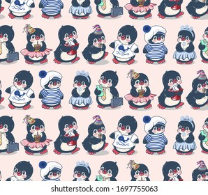 Seamless pattern with cute penguins. Hand-drawn illustration. Vector.