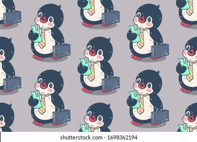 Seamless pattern with cute penguins. Hand-drawn illustration. Vector.