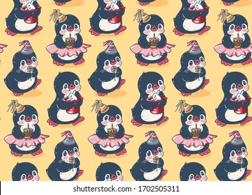 Seamless pattern with cute penguins. Hand-drawn illustration. Vector.