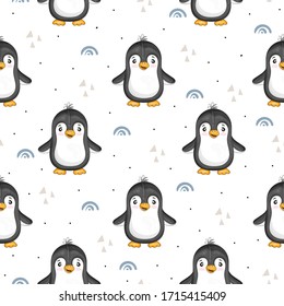 Seamless pattern with cute penguins. Hand-drawn illustration. Vector.
