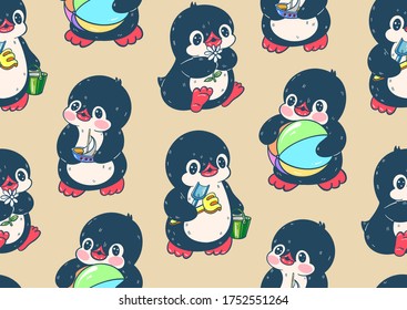 Seamless pattern with cute penguins. Hand-drawn illustration. Vector.