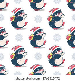 Seamless pattern with cute penguins. Hand-drawn illustration. Vector.