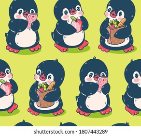 Seamless pattern with cute penguins. Hand-drawn illustration. Vector.