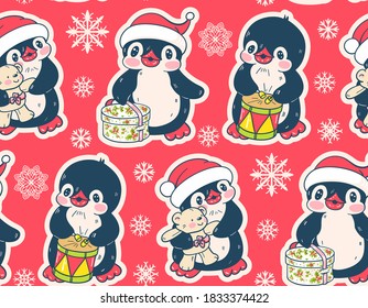 Seamless pattern with cute penguins. Hand-drawn illustration. Vector.