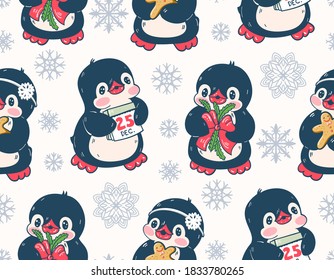 Nahtloses Muster mit süßen Pinguinen. Handgezeichnete Illustration. Vektorgrafik.