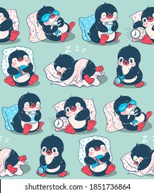 Patrón sin foco con pingüinos lindos. Ilustración dibujada a mano. Vector.