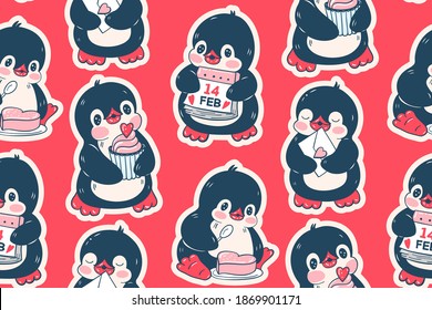Seamless pattern with cute penguins. Hand-drawn illustration. Vector.
