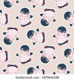 Seamless pattern with cute penguins. Hand-drawn illustration. Vector.