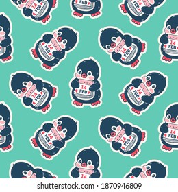 Seamless pattern with cute penguins. Hand-drawn illustration. Vector.