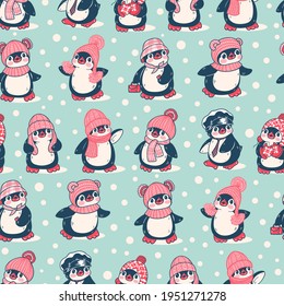 Patrón sin foco con pingüinos lindos. Ilustración dibujada a mano. Vector.