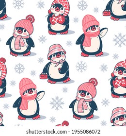 Patrón sin foco con pingüinos lindos. Ilustración dibujada a mano. Vector.