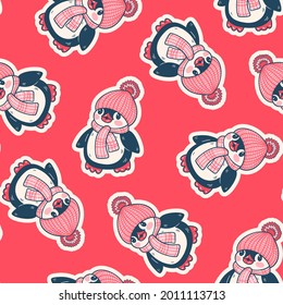 Seamless pattern with cute penguins. Hand-drawn illustration. Vector.