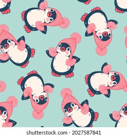 Seamless pattern with cute penguins. Hand-drawn illustration. Vector.
