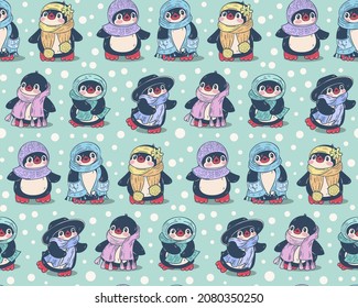 Patrón sin foco con pingüinos lindos. Ilustración dibujada a mano. Vector.