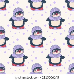 Patrón sin foco con pingüinos lindos. Ilustración dibujada a mano. Vector.