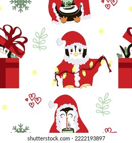 Seamless pattern of cute penguins hand-drawn in cartoon style. Christmas. Holiday. Cute penguin with garland, penguin looking gift box. Penguin with cocoa mug. Vector illustration.