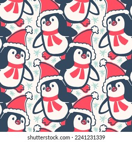 Seamless pattern with cute penguins. Hand-drawn illustration. Vector.