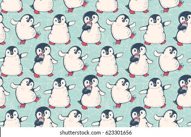 Seamless pattern with cute penguins. Hand-drawn illustration. Vector.