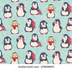 Seamless pattern with cute penguins. Hand-drawn illustration. Vector.