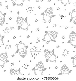 Seamless pattern with cute penguins. Hand-drawn illustration. Vector