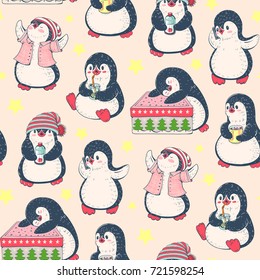 Seamless pattern with cute penguins. Hand-drawn illustration. Vector.