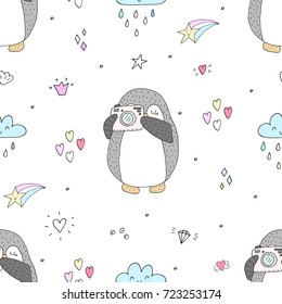 Seamless pattern with cute penguins. Hand-drawn illustration. Vector