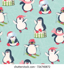 Seamless pattern with cute penguins. Hand-drawn illustration. Vector.
