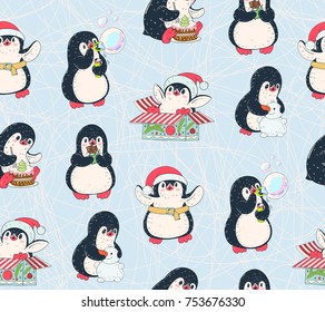 Seamless pattern with cute penguins. Hand-drawn illustration. Vector.