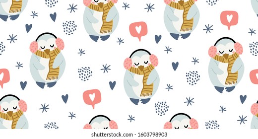 Seamless pattern with cute penguins with headphones, scarf, love emoji bubble, hearts, snowflakes  in minimalistic hand drawn style on white. Penguin character doodle. Winter kids seamless pattern