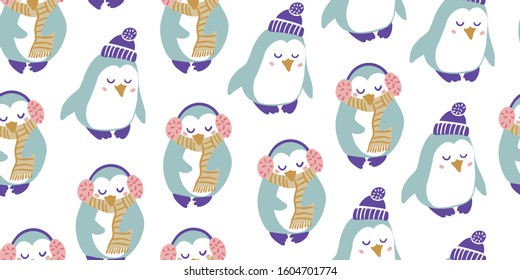 Seamless pattern with cute penguins with headphones, scarf, hat in minimalistic hand drawn style on white. Penguin character doodle. Winter kids seamless pattern