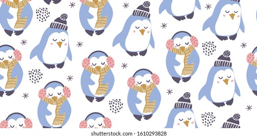 Seamless pattern with cute penguins with headphones, scarf, hat with snowflakes in minimalistic hand drawn style on white. Penguin character doodle. Winter kids seamless pattern