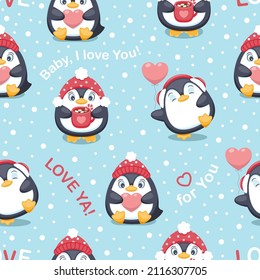 Seamless pattern with cute penguins, hearts and snowflakes. Vector illustration.