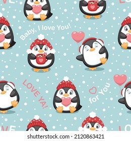 Seamless pattern with cute penguins, hearts and snowflakes. Vector illustration.