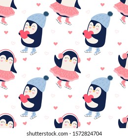 Seamless pattern of a cute penguins ice skating couple. Share your love, heart. Cartoon print for wrapping, fabric, wallpaper, textile. Vector illustration for children.