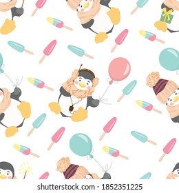 Seamless pattern of cute penguins and ice cream in pastel colors. Vector illustration in a flat style.
