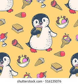 Seamless pattern. Cute penguins with ice cream. Hand-drawn illustration. Vector.