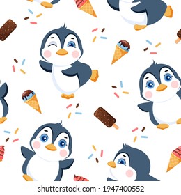 Nahtloses Muster mit süßen Pinguinen. Muster für Kinder, Vektorgrafik.