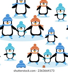 Patrón sin foco con pingüinos lindos sobre patines. Personajes de caricatura de invierno.