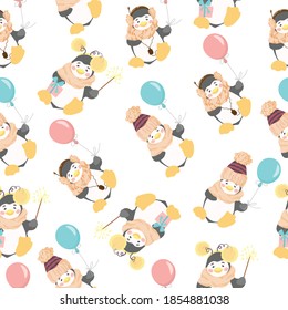 Seamless pattern of cute penguins in pastel colors. Vector illustration in a flat style.